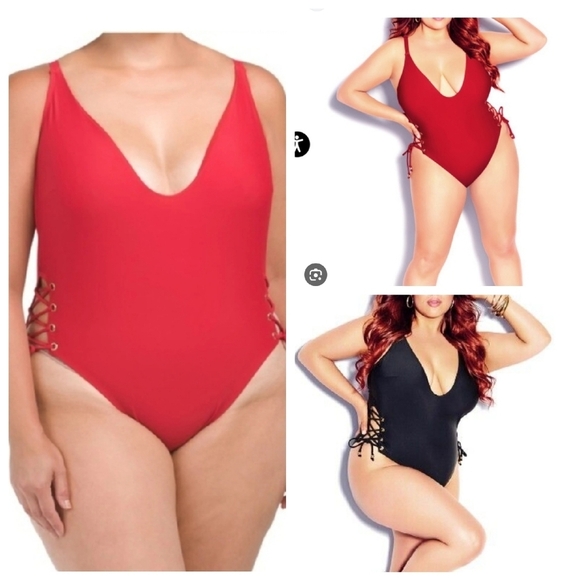 NWT City Chic CCX Red Lace up one piece swimsuit. Women's plus size 20. - Picture 2 of 16